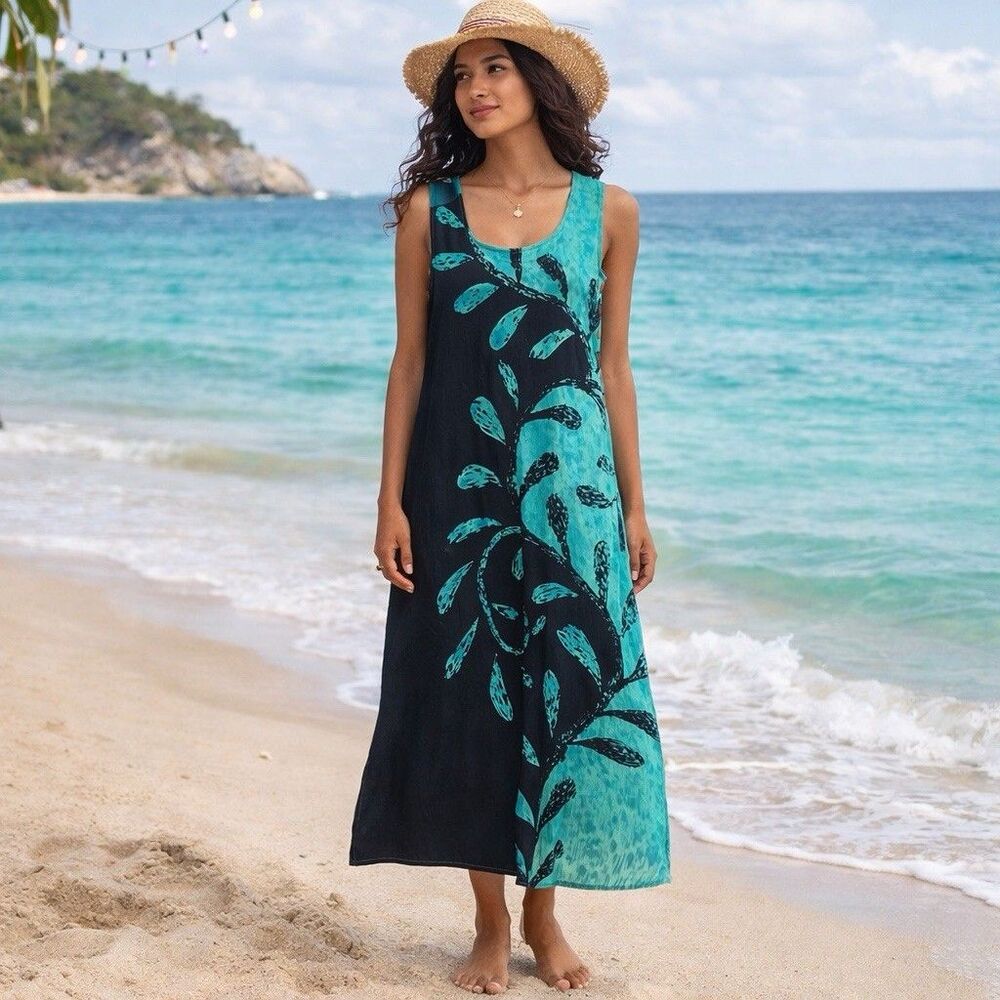 Metropolitan Boho Maxi Dress Womens M Teal Black Sleeveless Beach Artsy